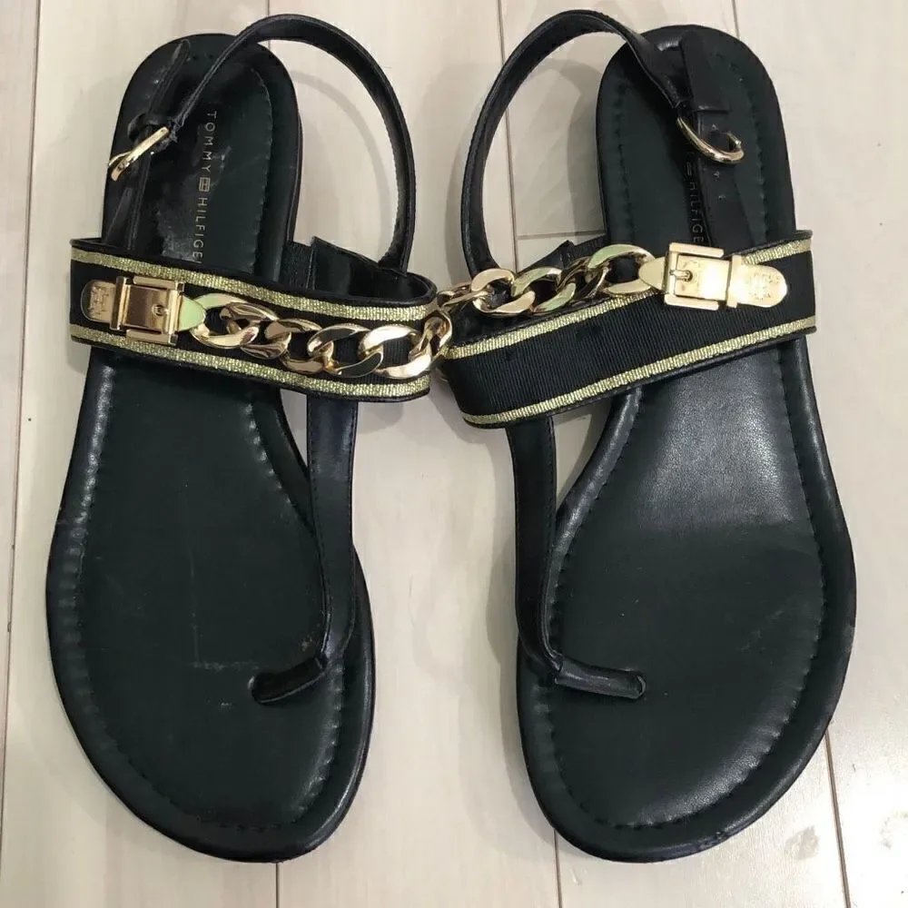 Tommy Hilfiger Women's Hakim Chain Link Slingback Sandals Black Size 9.5
